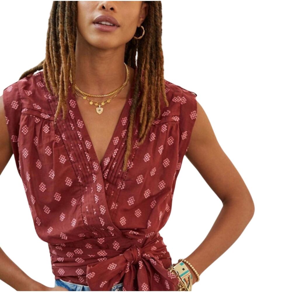 ANTHROPOLOGIE Women’s Tie Waist Surplice Sleeveless Burgundy Top